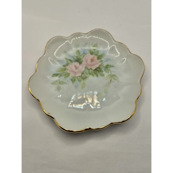 Pink Roses Hand Painted Hand Made Porcelain Trinket Tray 1999 14K Lined Signed - Picture 1 of 9